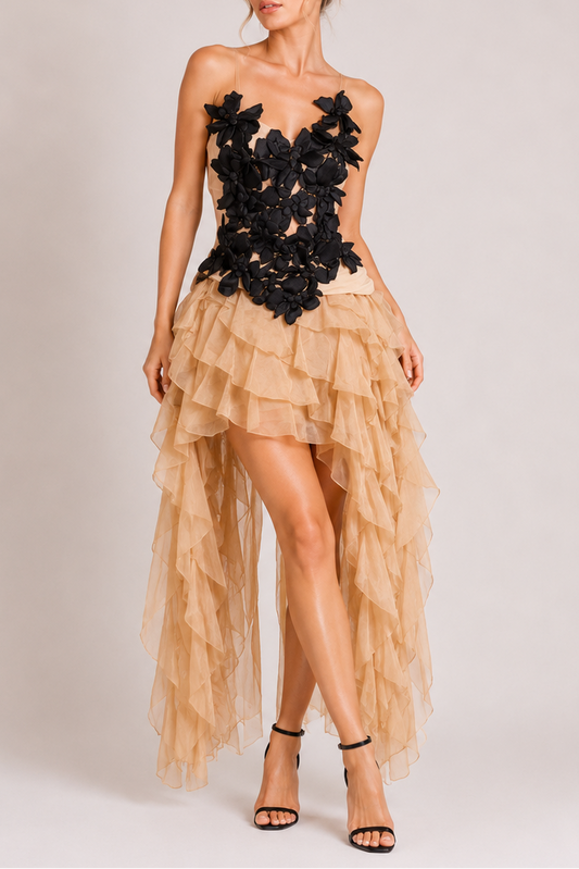 Nude Sheer Strap Black 3D Floral Corset Top & High Low Ruffle Tulle Skirt Set Avalabel