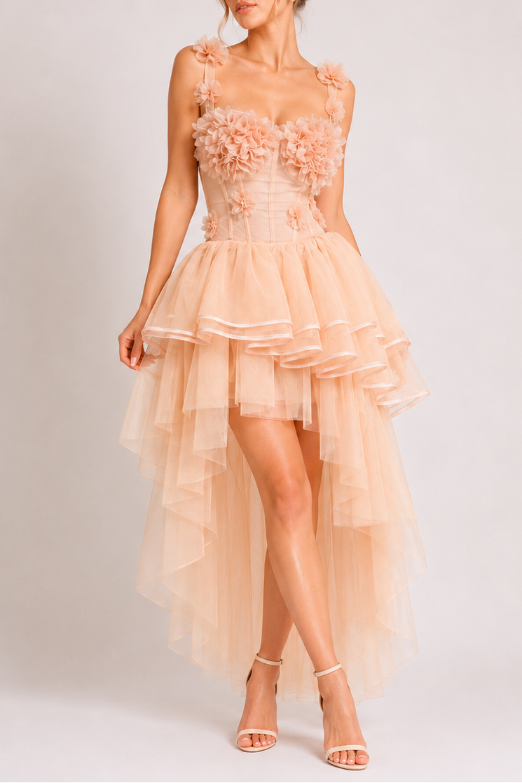 Blush Spaghetti Strap 3D Floral Corset Top & High Low Tiered Tulle Skirt Set Avalabel