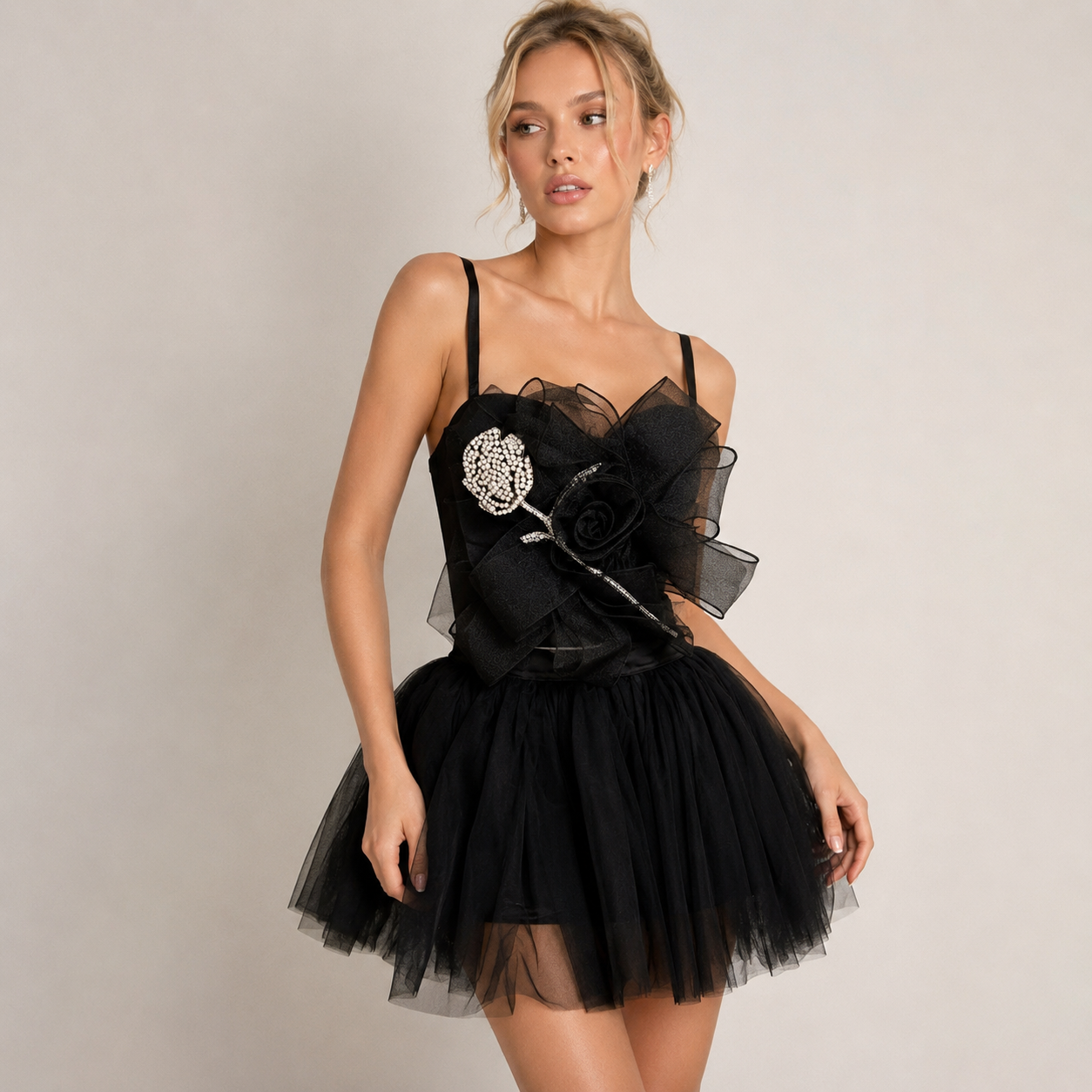 Rhinestone Rose Corset & Fluffy Tulle Mini Skirt Two-Piece Set - Avalabel