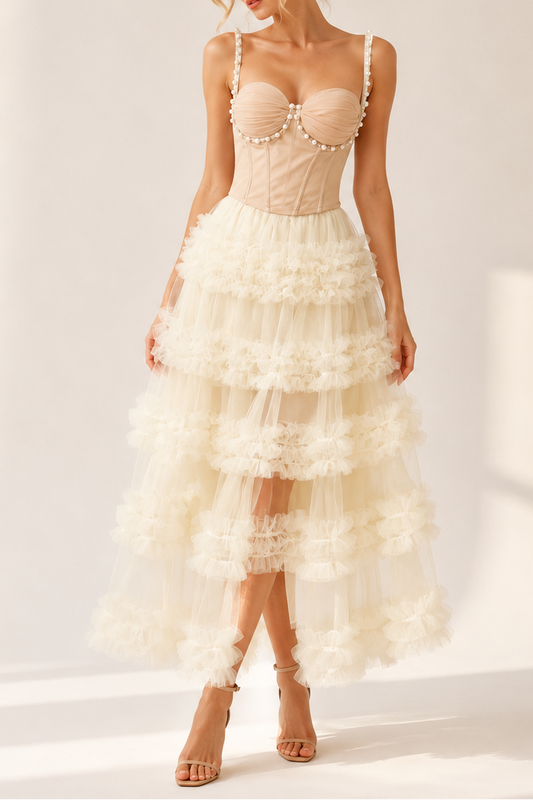 Nude Pearl Strap Sweetheart Corset Top & Tiered Ruffle High Low Tulle Midi Skirt Set Avalabel