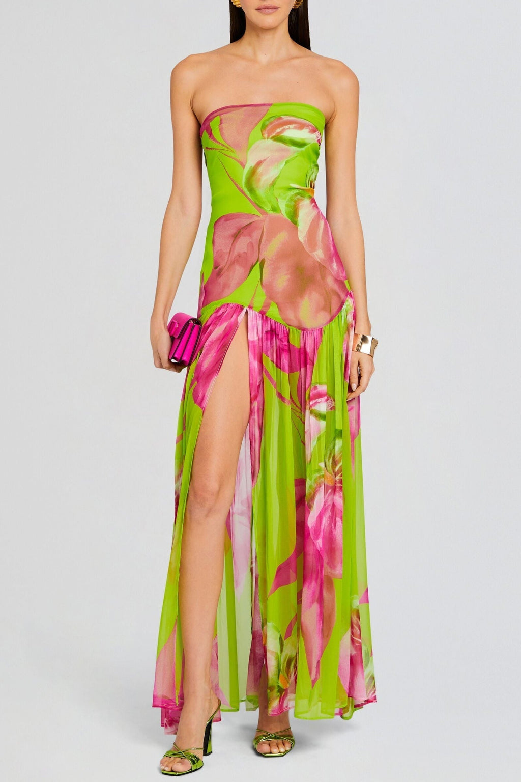 Shmaka Floral Print Strapless Slit Maxi Dress - Green Avalabel