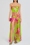 Shmaka Floral Print Strapless Slit Maxi Dress - Green Avalabel