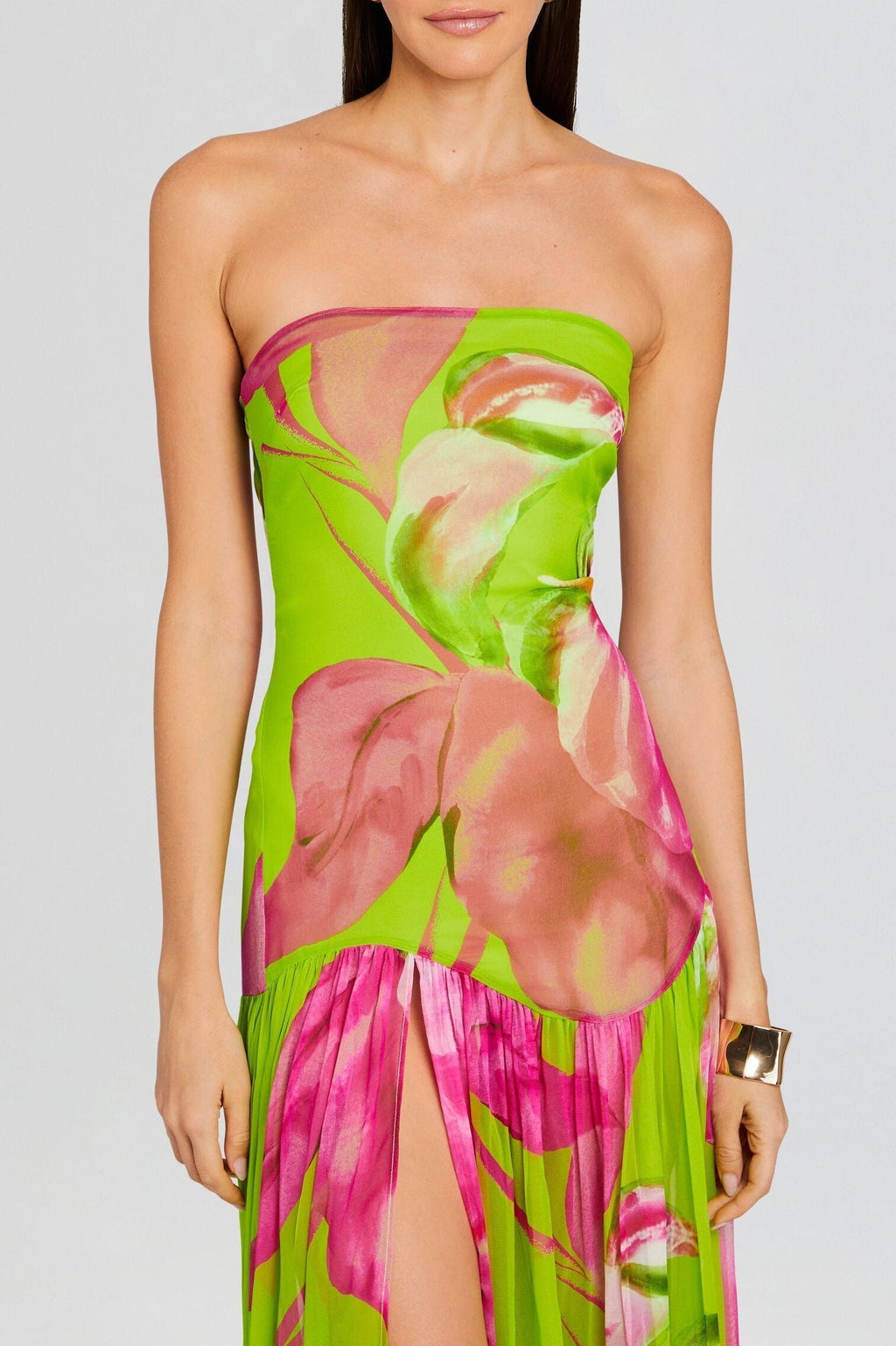 Shmaka Floral Print Strapless Slit Maxi Dress - Green Avalabel