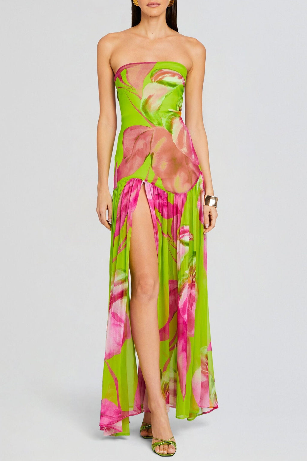 Shmaka Floral Print Strapless Slit Maxi Dress - Green Avalabel