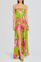 Shmaka Floral Print Strapless Slit Maxi Dress - Green Avalabel