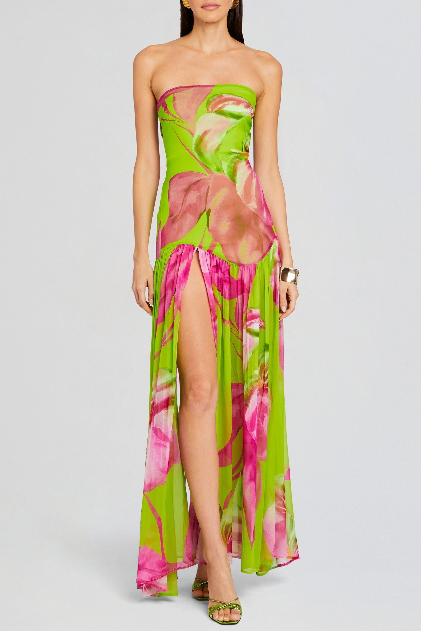 Shmaka Floral Print Strapless Slit Maxi Dress - Green Avalabel