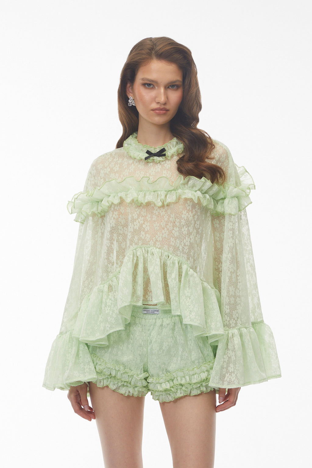 vanessa Mint Green Floral Lace Ruffled Top & Shorts Set Avalabel