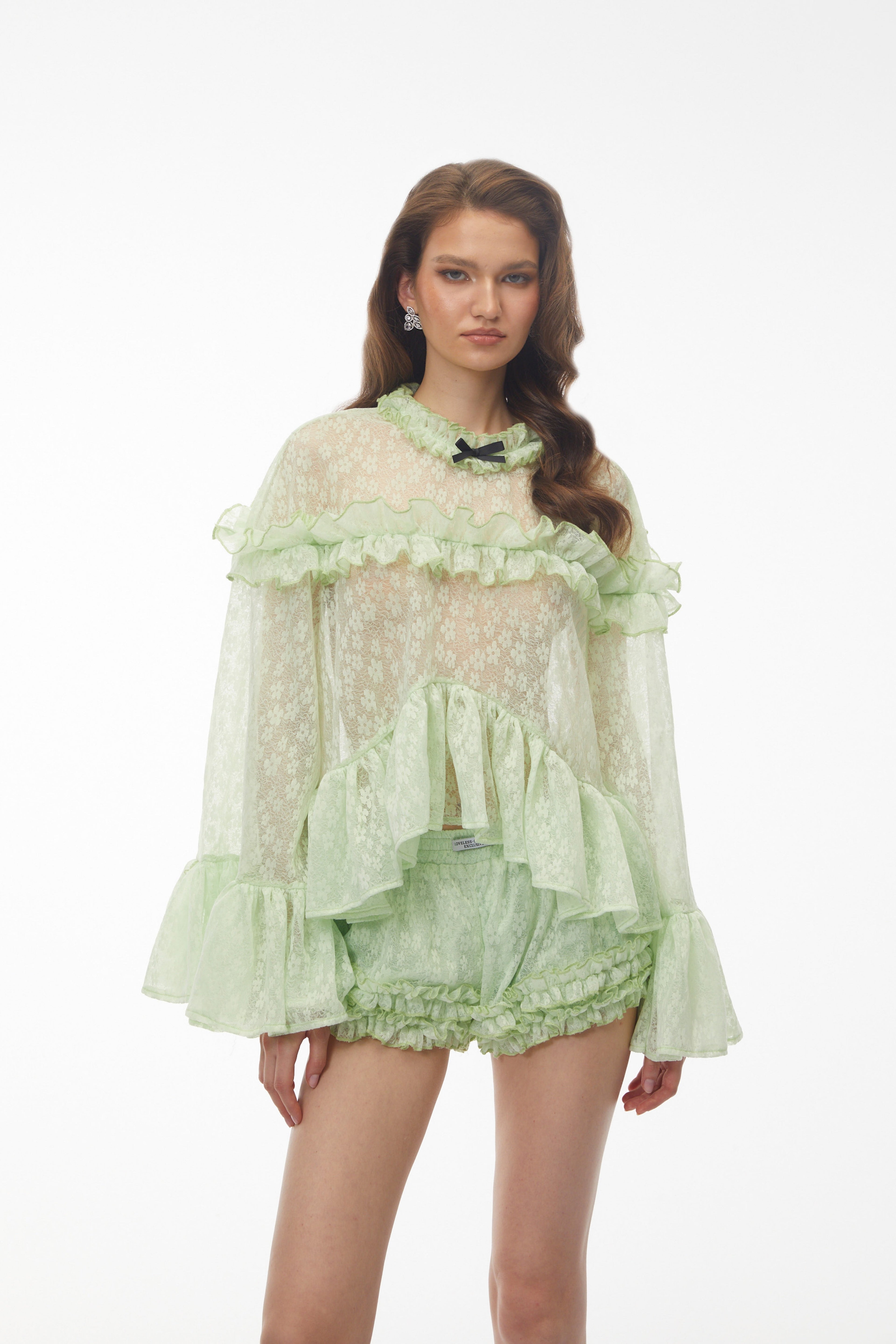 vanessa Mint Green Floral Lace Ruffled Top & Shorts Set Avalabel