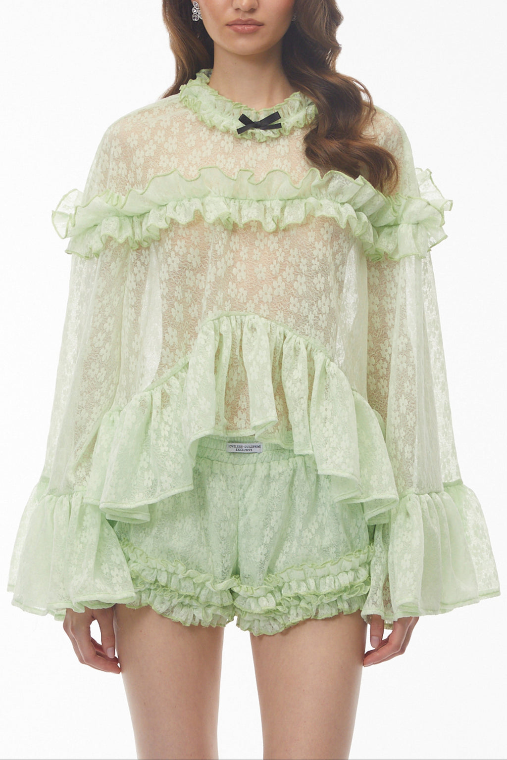vanessa Mint Green Floral Lace Ruffled Top & Shorts Set Avalabel