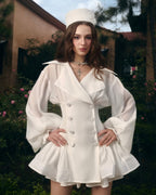 zenobia Large lapel button puff sleeve tutu mini dress in white Avalabel