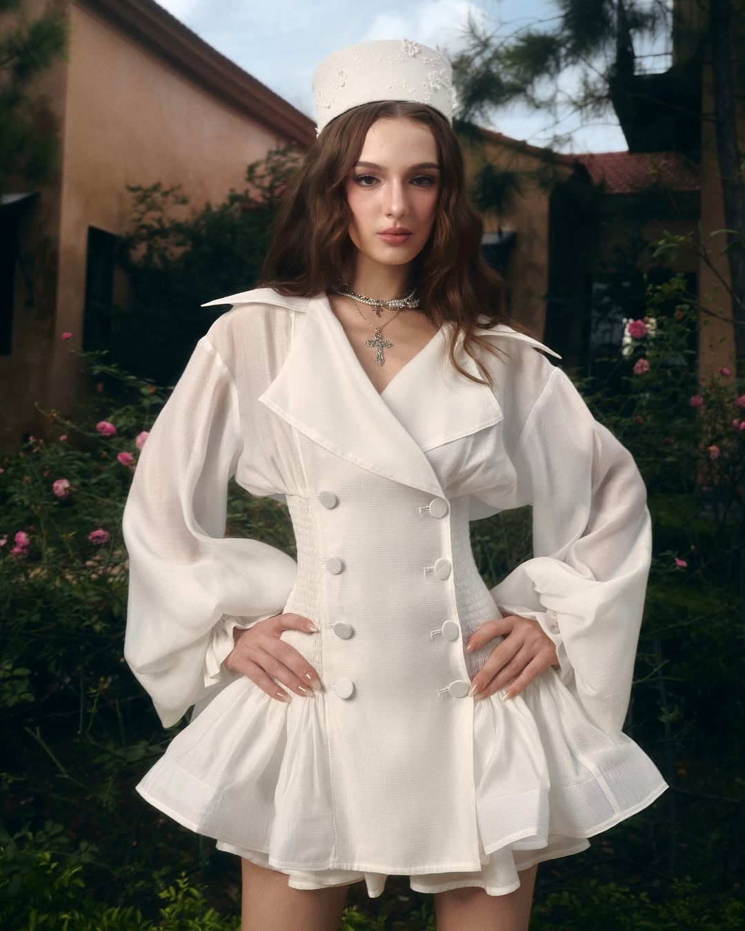 zenobia Large lapel button puff sleeve tutu mini dress in white Avalabel