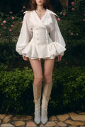zenobia Large lapel button puff sleeve tutu mini dress in white Avalabel