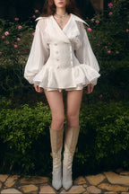 zenobia Large lapel button puff sleeve tutu mini dress in white Avalabel