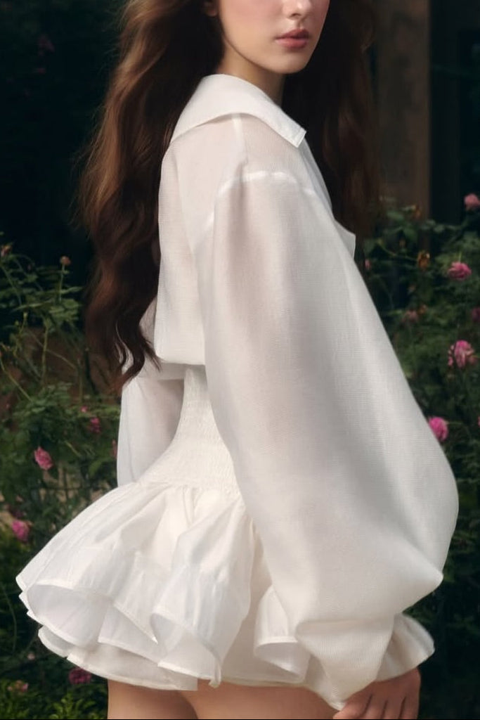 zenobia Large lapel button puff sleeve tutu mini dress in white Avalabel