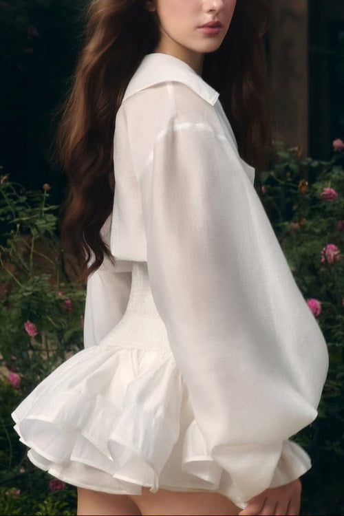 zenobia Large lapel button puff sleeve tutu mini dress in white Avalabel