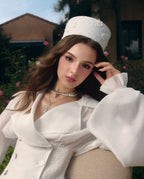 zenobia Large lapel button puff sleeve tutu mini dress in white Avalabel
