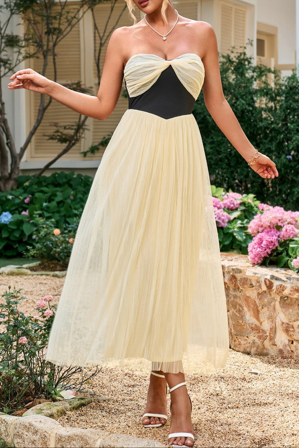 Contrast Ruched Bust Mesh Midi Tube Dress Avalabel