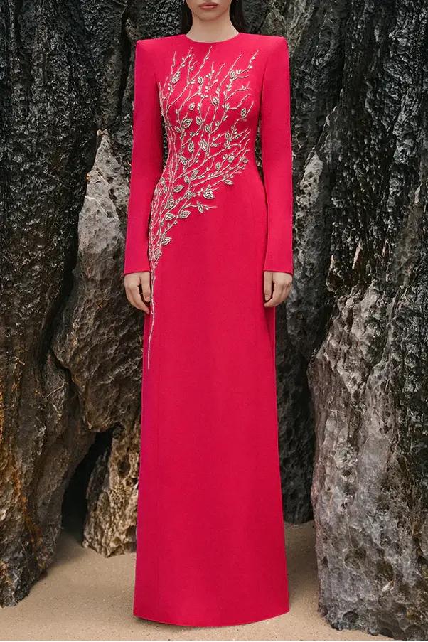 hilary red padded shoulder crystal embellished straight maxi dress Avalabel