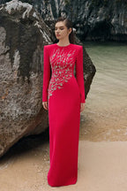 hilary red padded shoulder crystal embellished straight maxi dress Avalabel