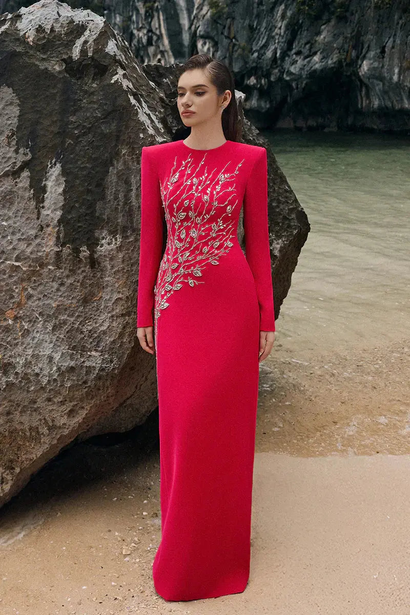 hilary red padded shoulder crystal embellished straight maxi dress Avalabel