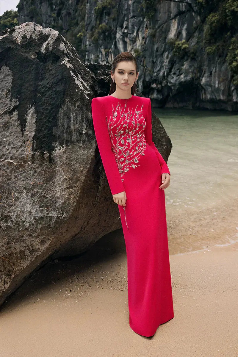 hilary red padded shoulder crystal embellished straight maxi dress Avalabel