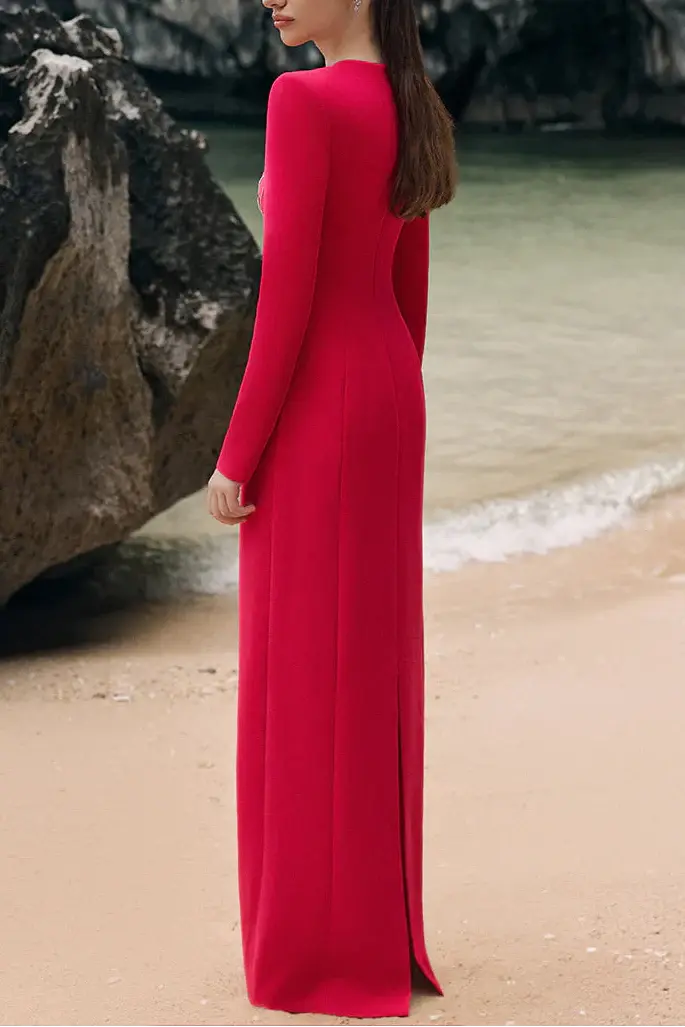hilary red padded shoulder crystal embellished straight maxi dress Avalabel