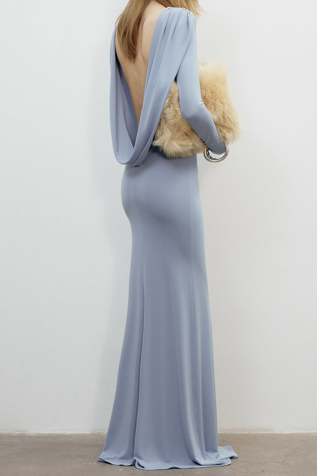 vicky Knitted long sleeves backless bodycon maxi dress in blue Avalabel