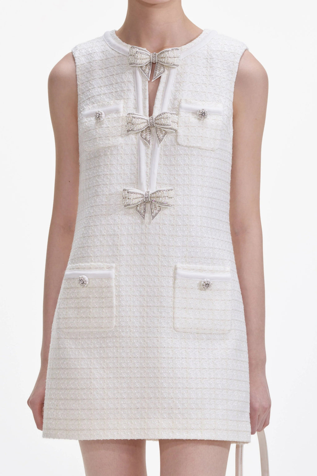 Cream Boucle Bow Mini Dress Avalabel