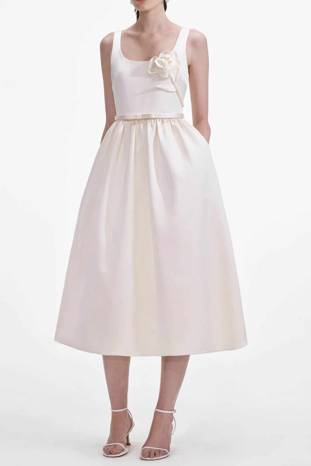 Cream Satin Flower Midi Dress Avalabel