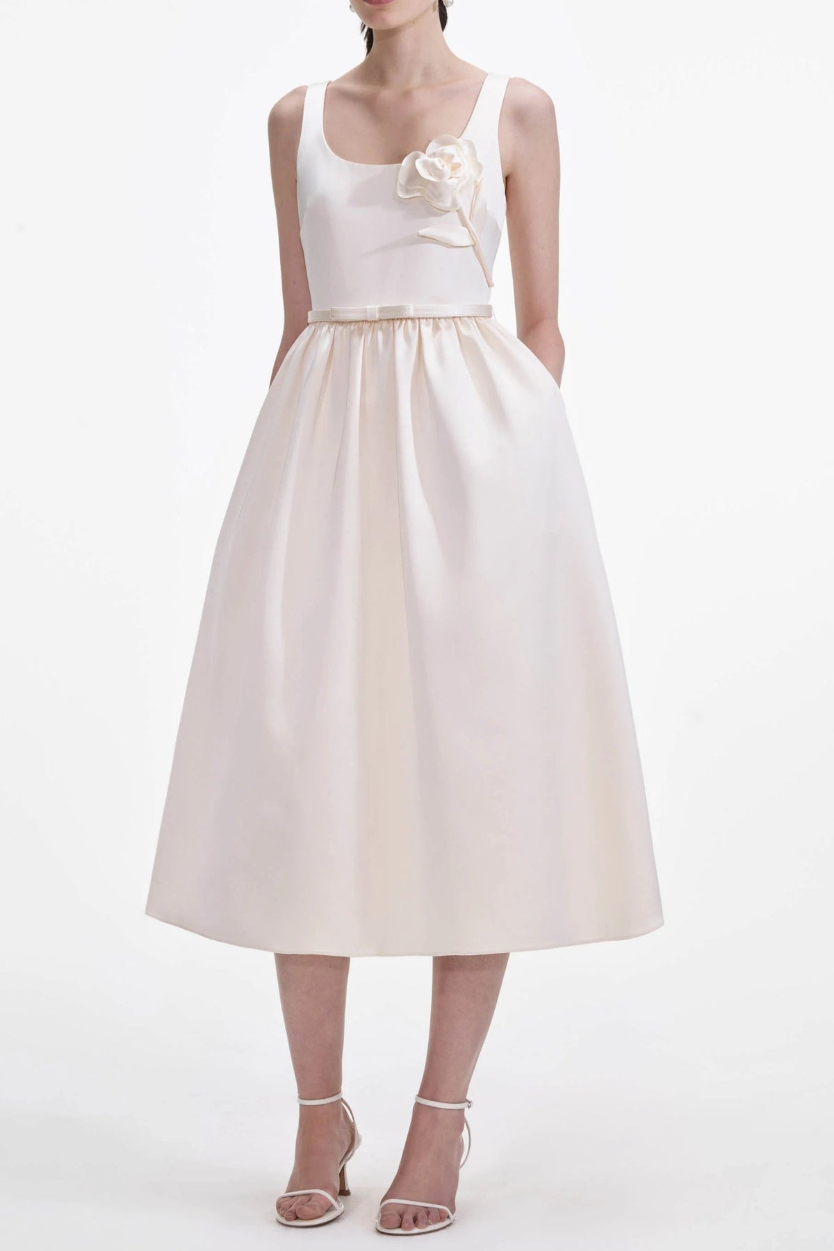 Cream Satin Flower Midi Dress Avalabel