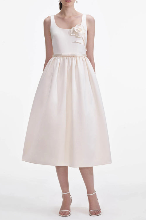 Cream Satin Flower Midi Dress Avalabel