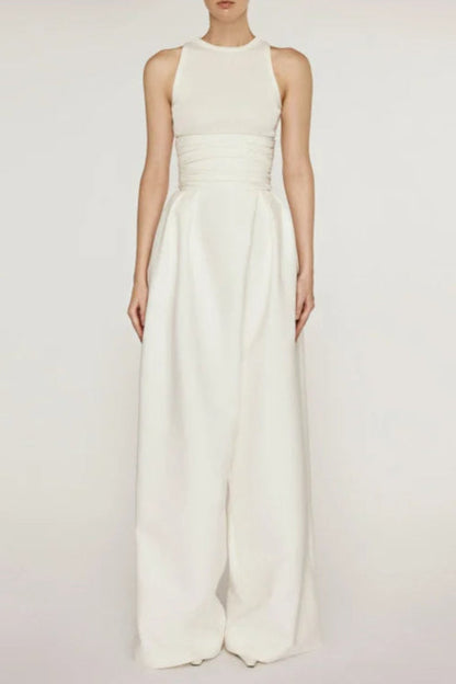 Stretch Sleeveless Tank Top Pleated Pants Set in white