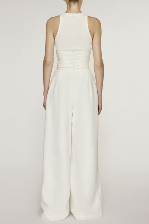 Stretch Sleeveless Tank Top Pleated Pants Set in white Avalabel