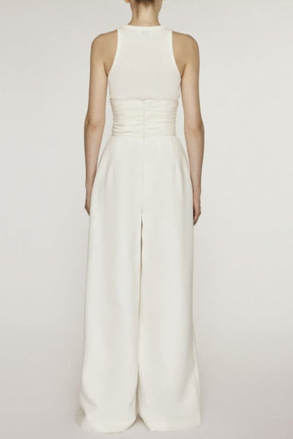 Stretch Sleeveless Tank Top Pleated Pants Set in white