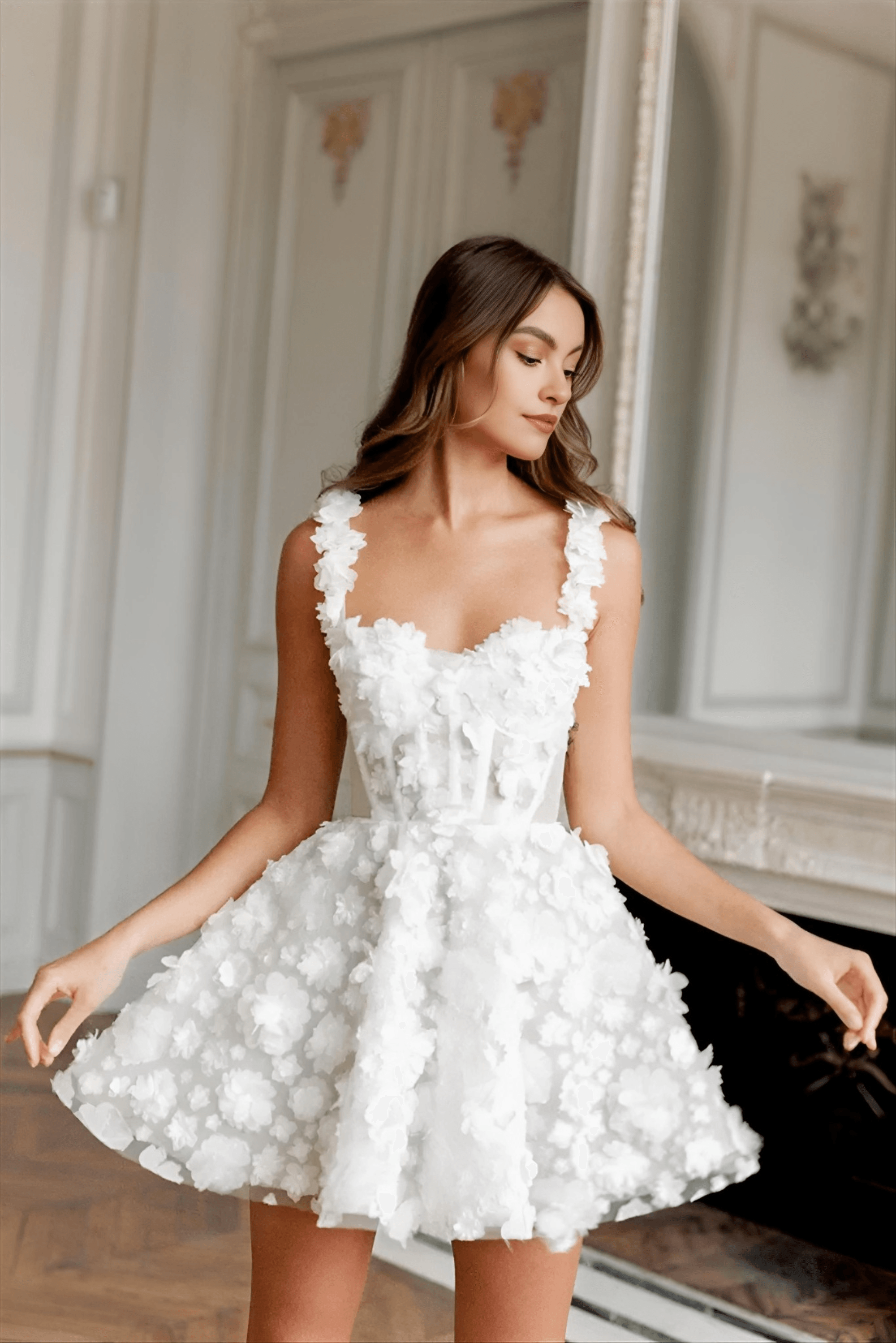 White Flower Lace Embroidery Lace-Up Spaghetti Strap Mini Dress Avalabel