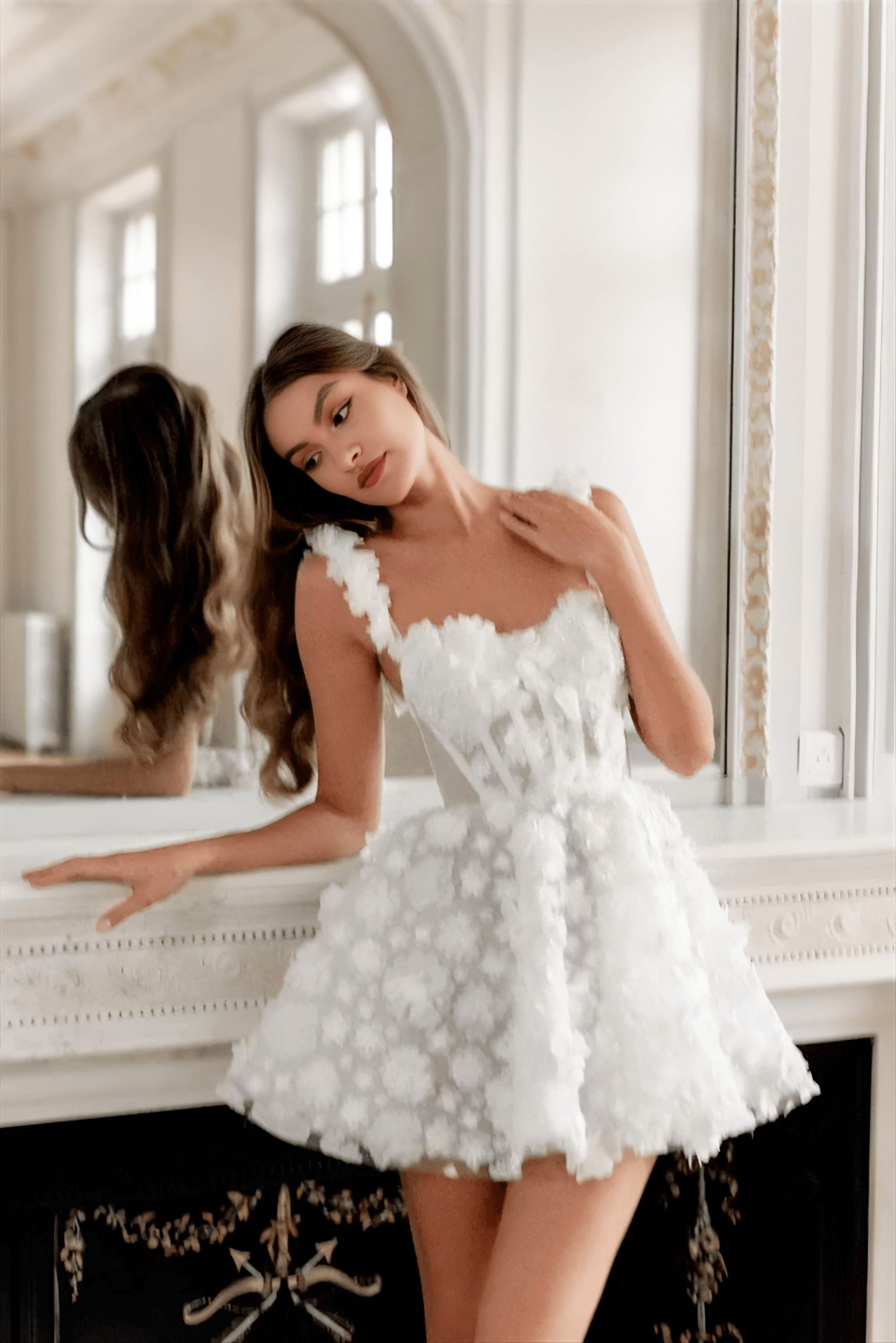 White Flower Lace Embroidery Lace-Up Spaghetti Strap Mini Dress Avalabel