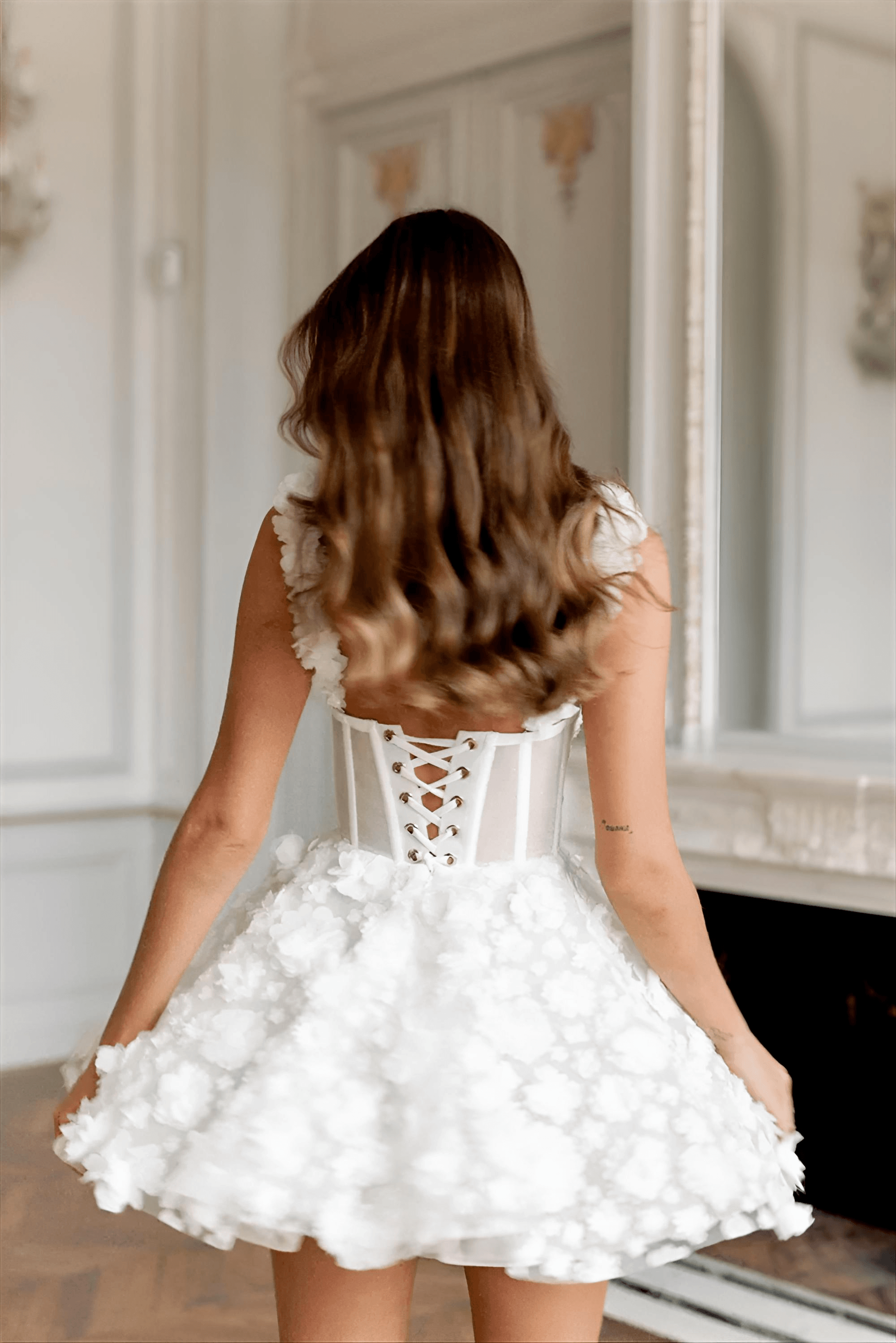 White Flower Lace Embroidery Lace-Up Spaghetti Strap Mini Dress Avalabel
