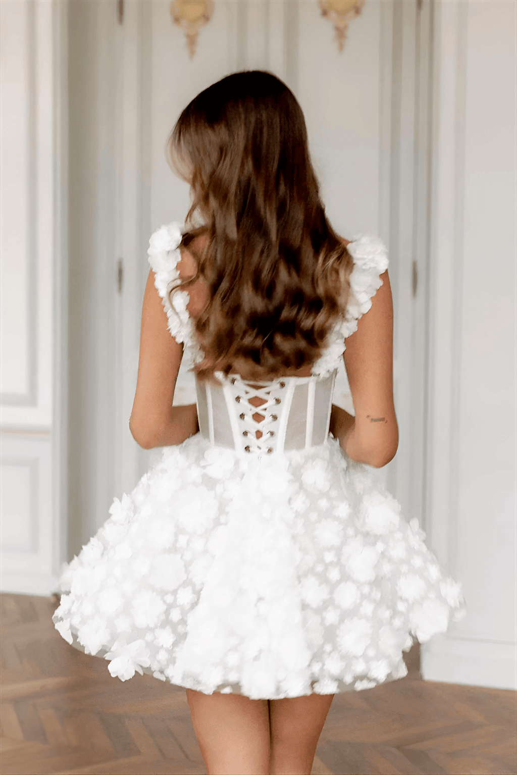 White Flower Lace Embroidery Lace-Up Spaghetti Strap Mini Dress Avalabel