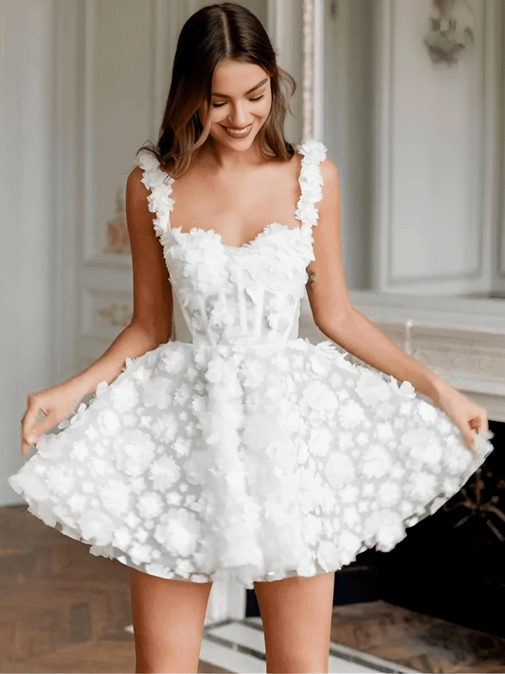 White Flower Lace Embroidery Lace-Up Spaghetti Strap Mini Dress Avalabel