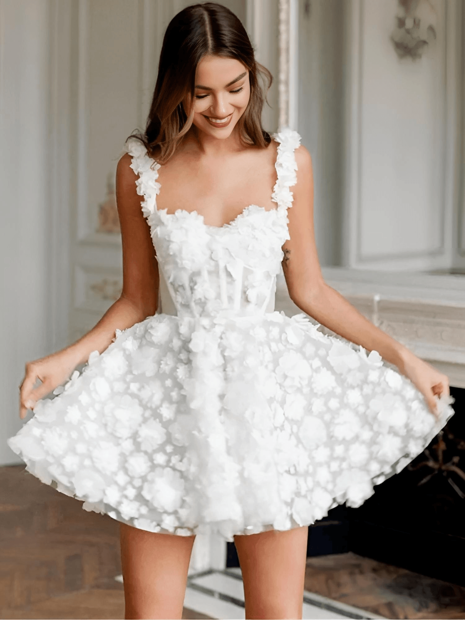 White Flower Lace Embroidery Lace-Up Spaghetti Strap Mini Dress Avalabel