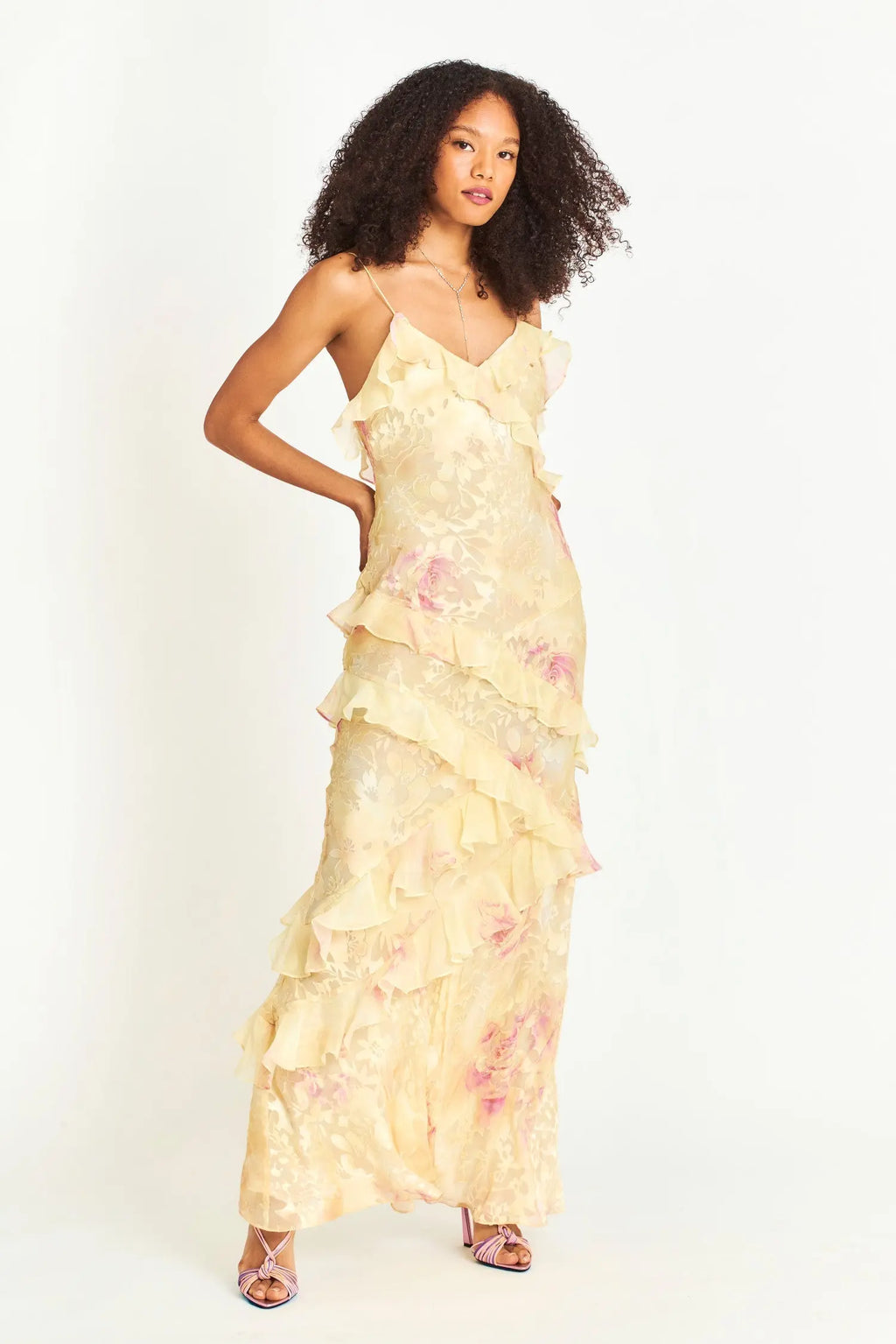 wendy ruffle trim Floral Chiffon Maxi Dress in yellow Avalabel