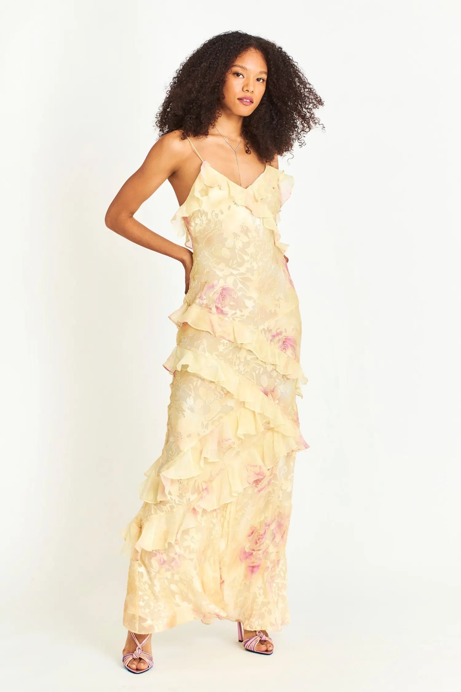 wendy ruffle trim Floral Chiffon Maxi Dress in yellow Avalabel