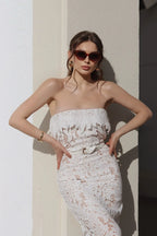 Stripe Strapless Lace Midi Bandage Dress Avalabel