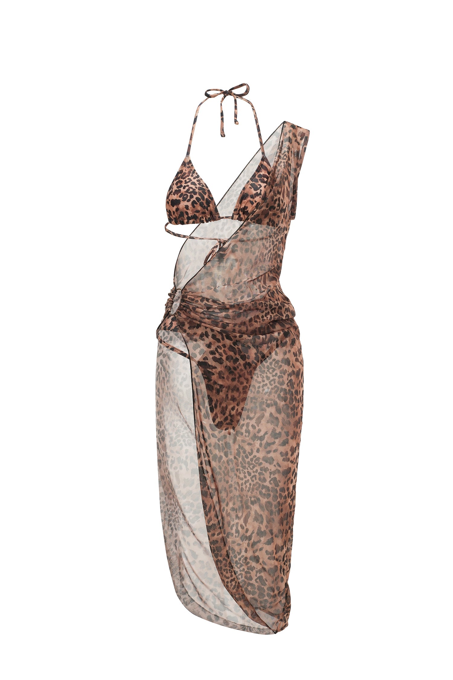 Leopard Print Triangle Bikini & Cutout Ring Side Slit Mesh Cover-Up Swimsuit Avalabel