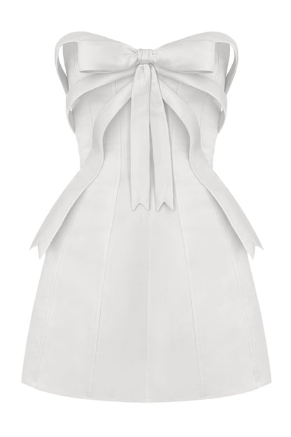 White Bow Embellished Strapless Mini Dress
