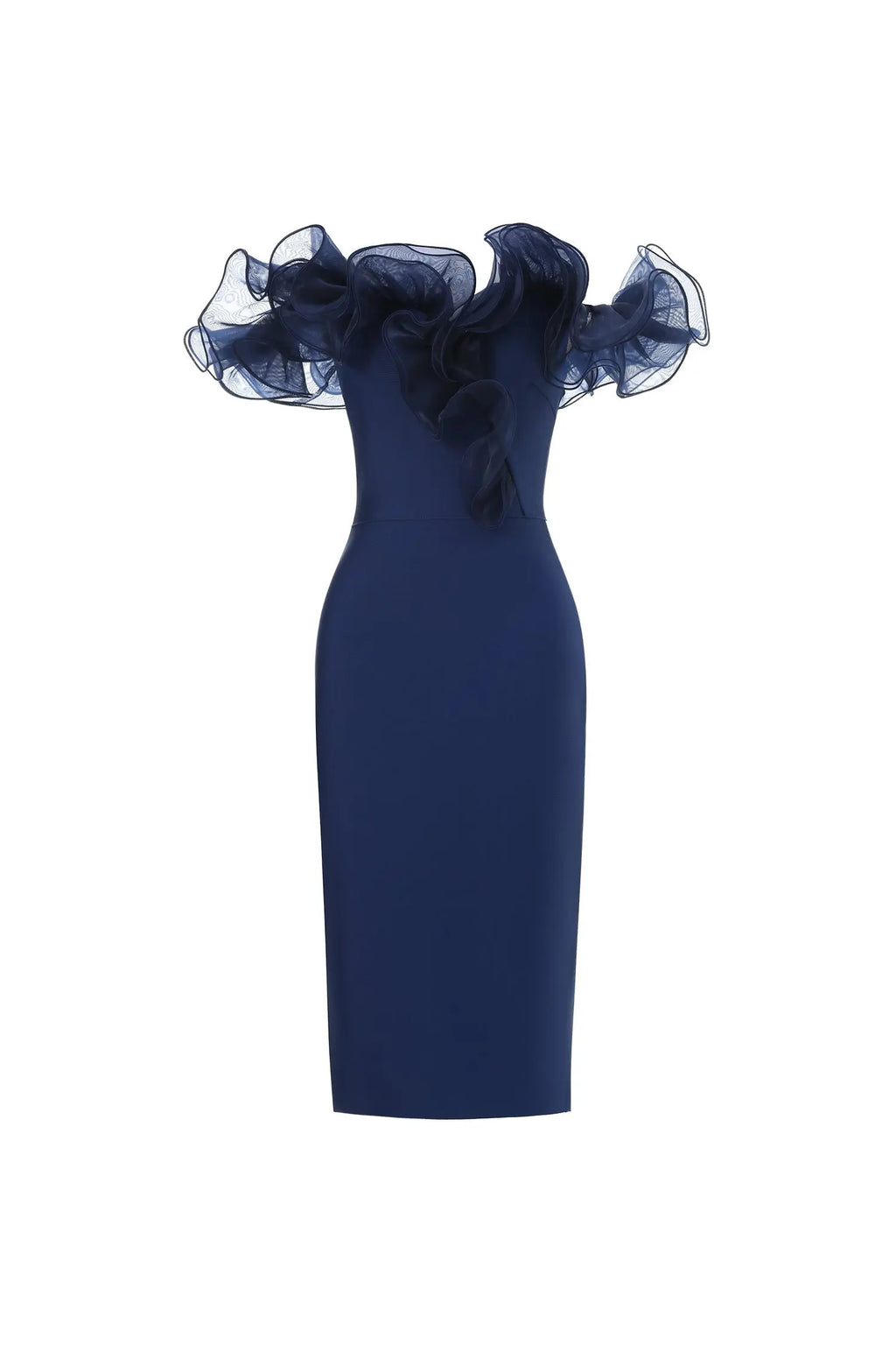 alisa Off-Shoulder Flounce Bandage Blue Midi Dress Avalabel