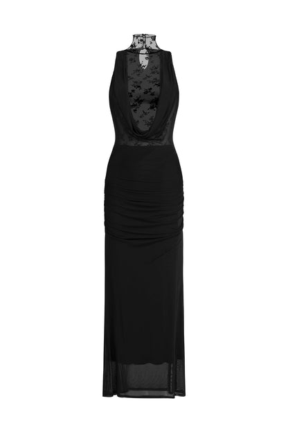 Guga Halter Sleeveless Lace Wrinkle Maxi Dress