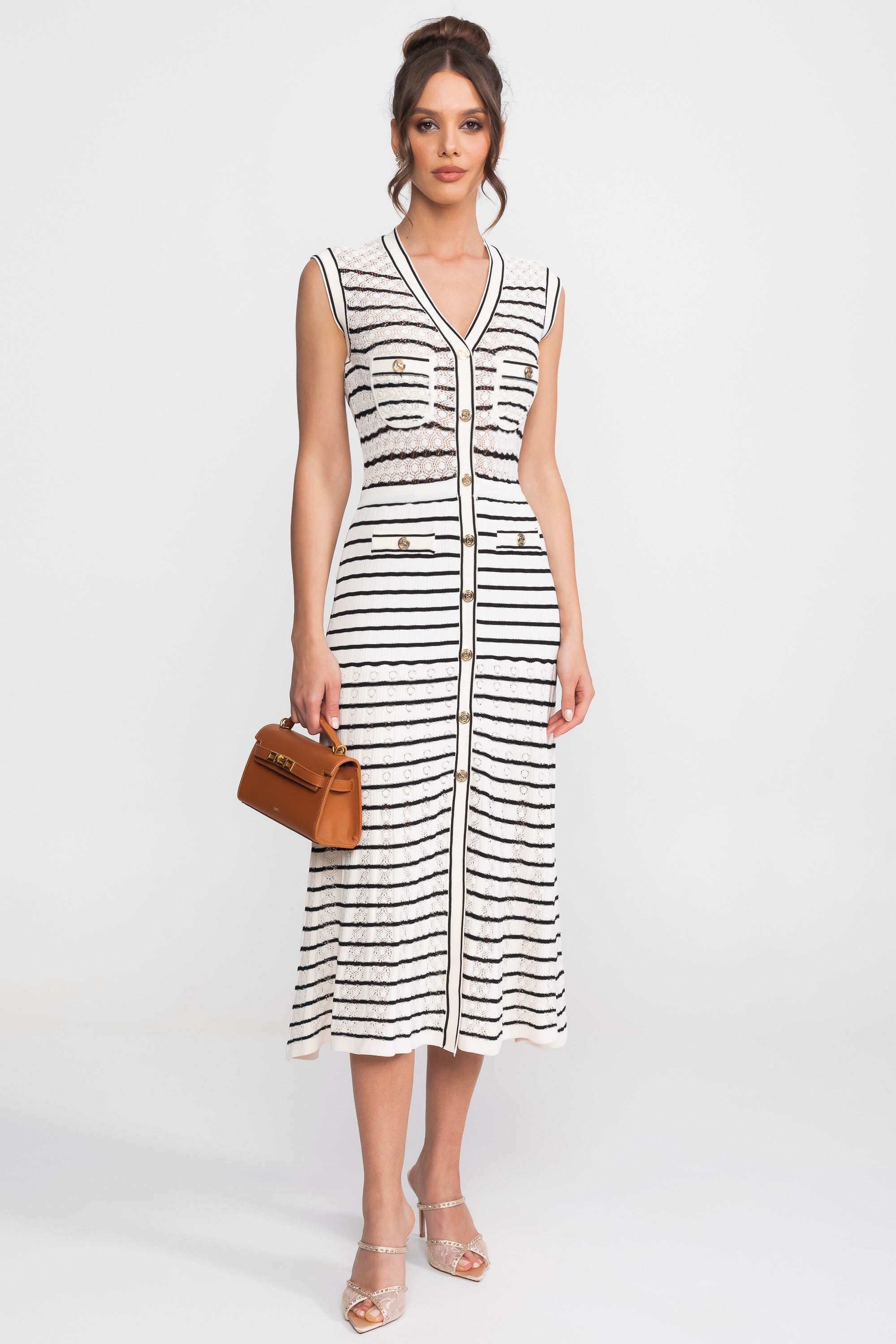 Striped Sleeveless Knit Midi Dress With V-Neck And Gold Buttons - White/Black Avalabel