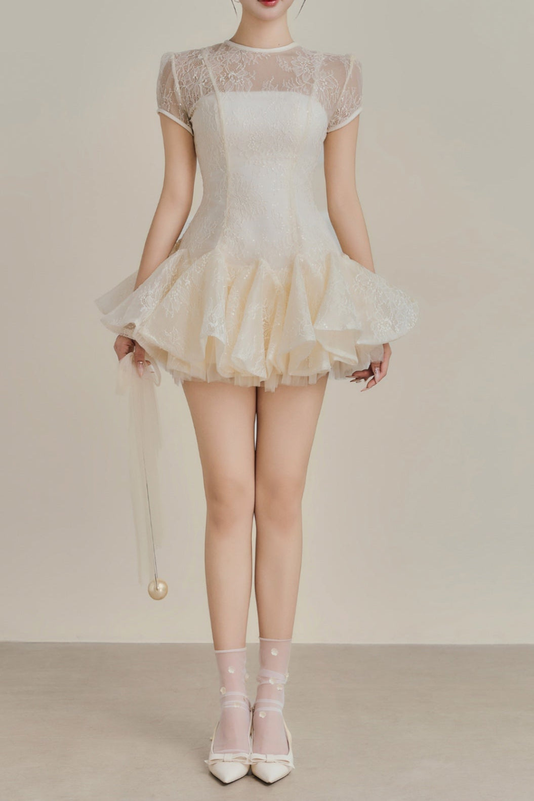 Kelly Sequin Lace Puffy Mini Dress in White Avalabel