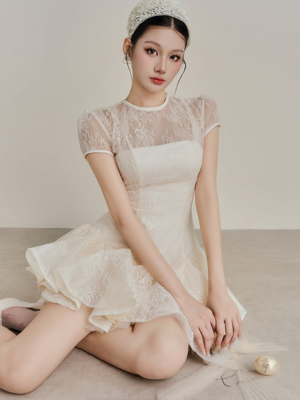 Kelly Sequin Lace Puffy Mini Dress in White Avalabel